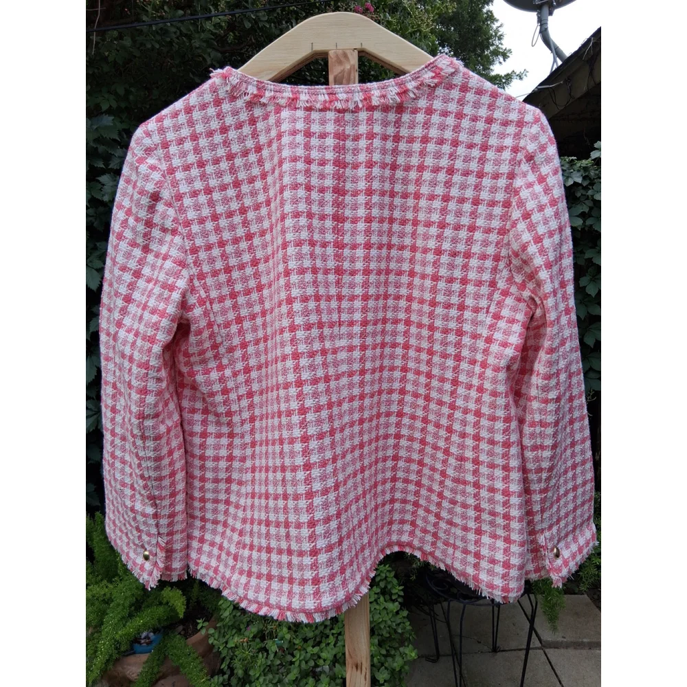💐EUC TALBOTS Blazer Jacket Pink White Checkered Tweed Fringe Sz. 12 - Picture 6 of 14